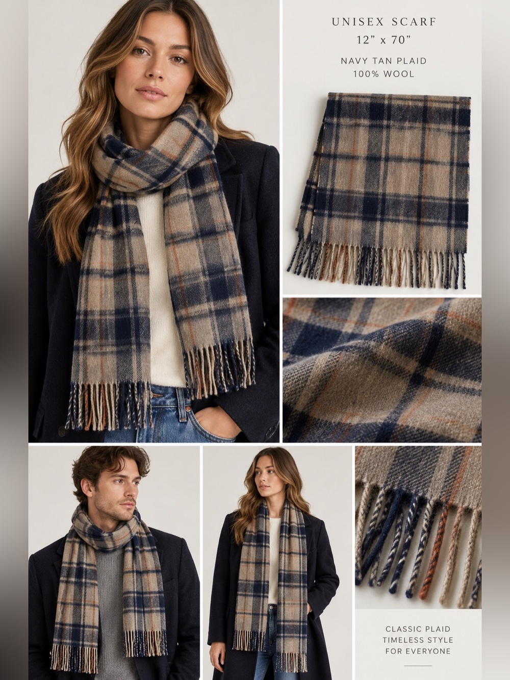 Navy tan Plaid wool‎ Fringe Scarf UNISEX